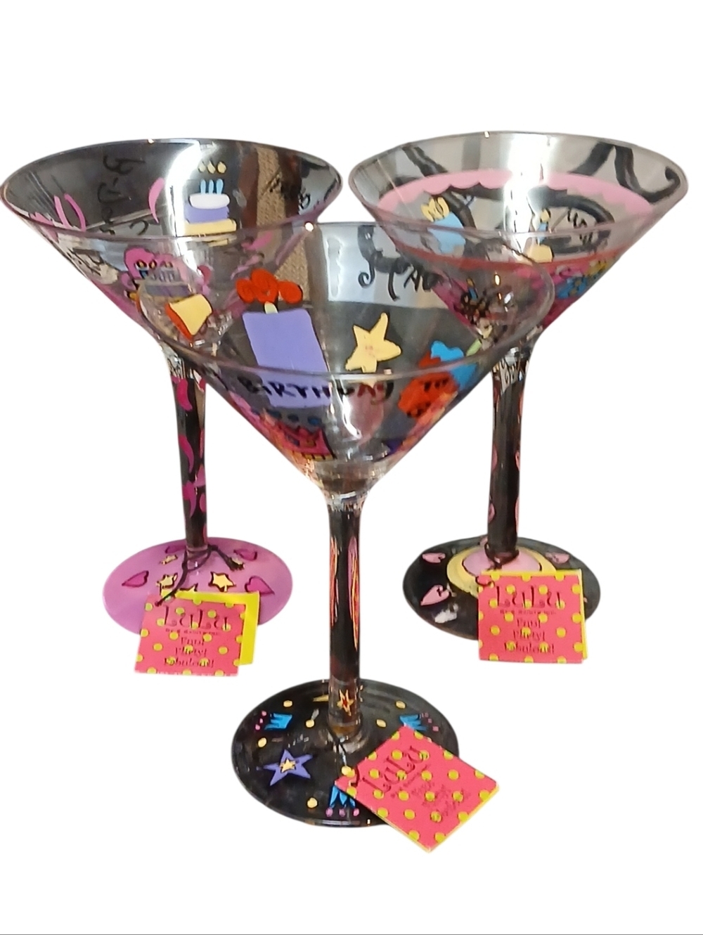 LuLu -NWT Set Of 3, Happy Birthday Cocktail Glasses Different Design On Each one